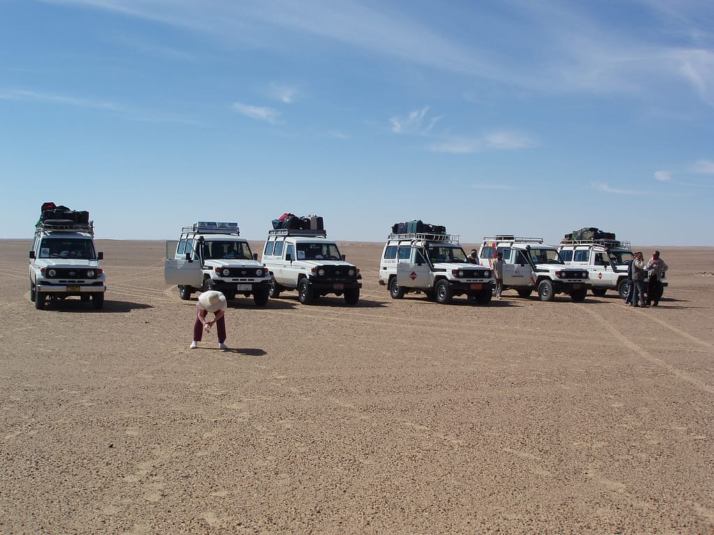 Egypt Eclipse Tour - A row of Landcruisers in the desert